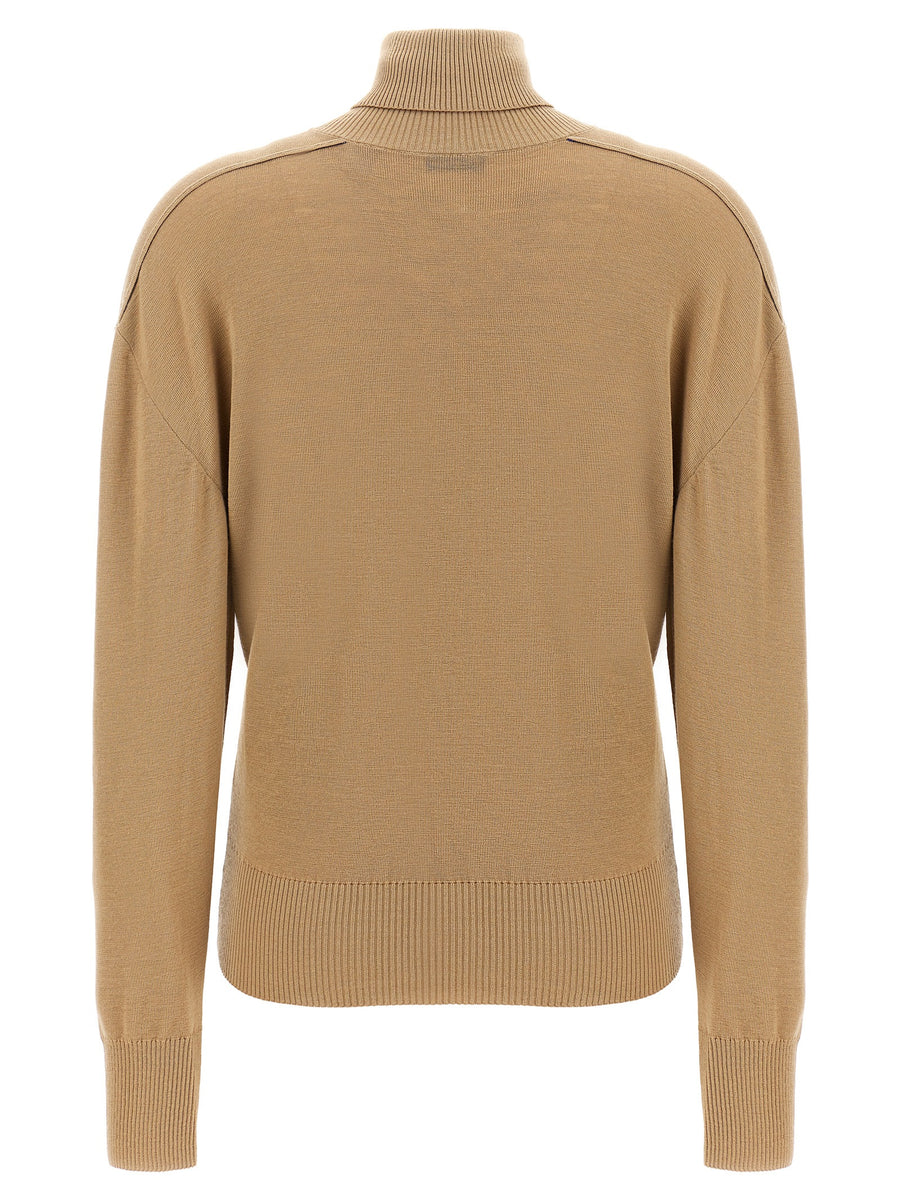 Burberry Turtle Neck Sweater For Women Beige 100 Percent Wool Knit With Logo Intarsia Luxury Cold Weather