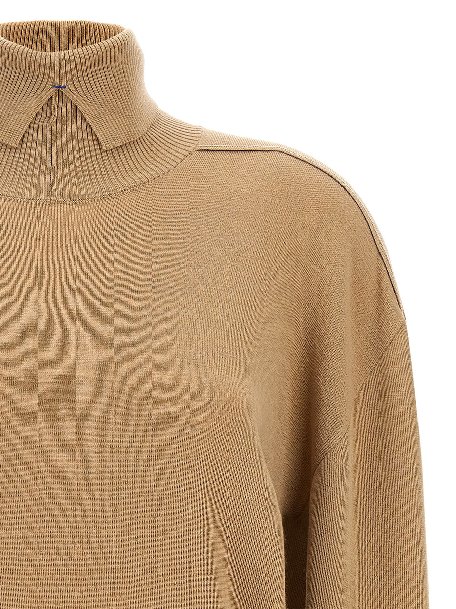 Burberry Turtle Neck Sweater For Women Beige 100 Percent Wool Knit With Logo Intarsia Luxury Cold Weather