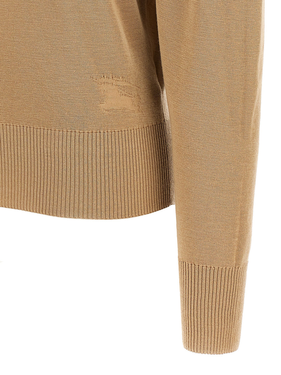 Burberry Turtle Neck Sweater For Women Beige 100 Percent Wool Knit With Logo Intarsia Luxury Cold Weather