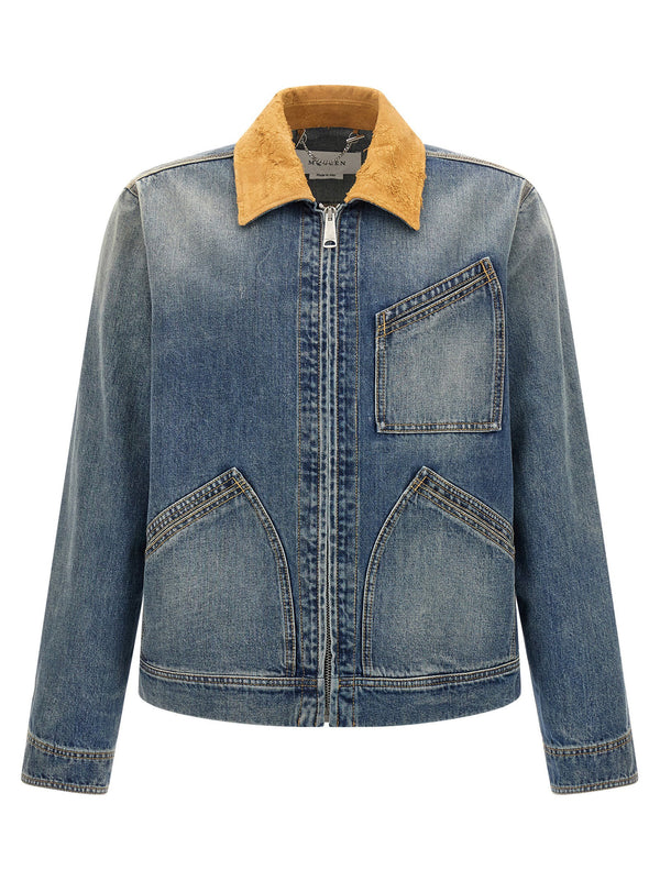 Alexander McQueen Blue Suede Collar Cotton Denim Jacket With Zip Closure Pockets