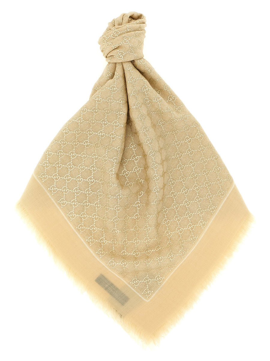 Gucci GG Lamé Wool Shawl With Fringed Edges Beige 140x140 cm