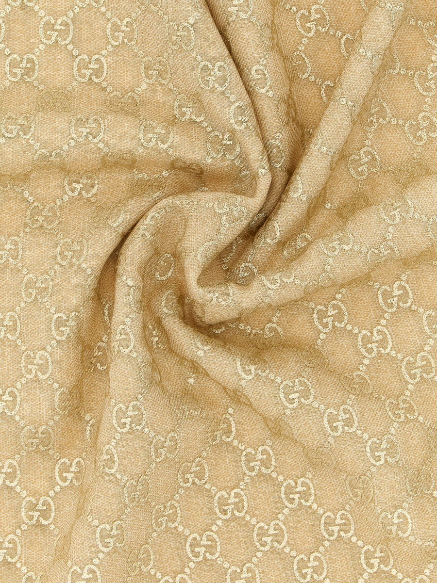 Gucci GG Lamé Wool Shawl With Fringed Edges Beige 140x140 cm