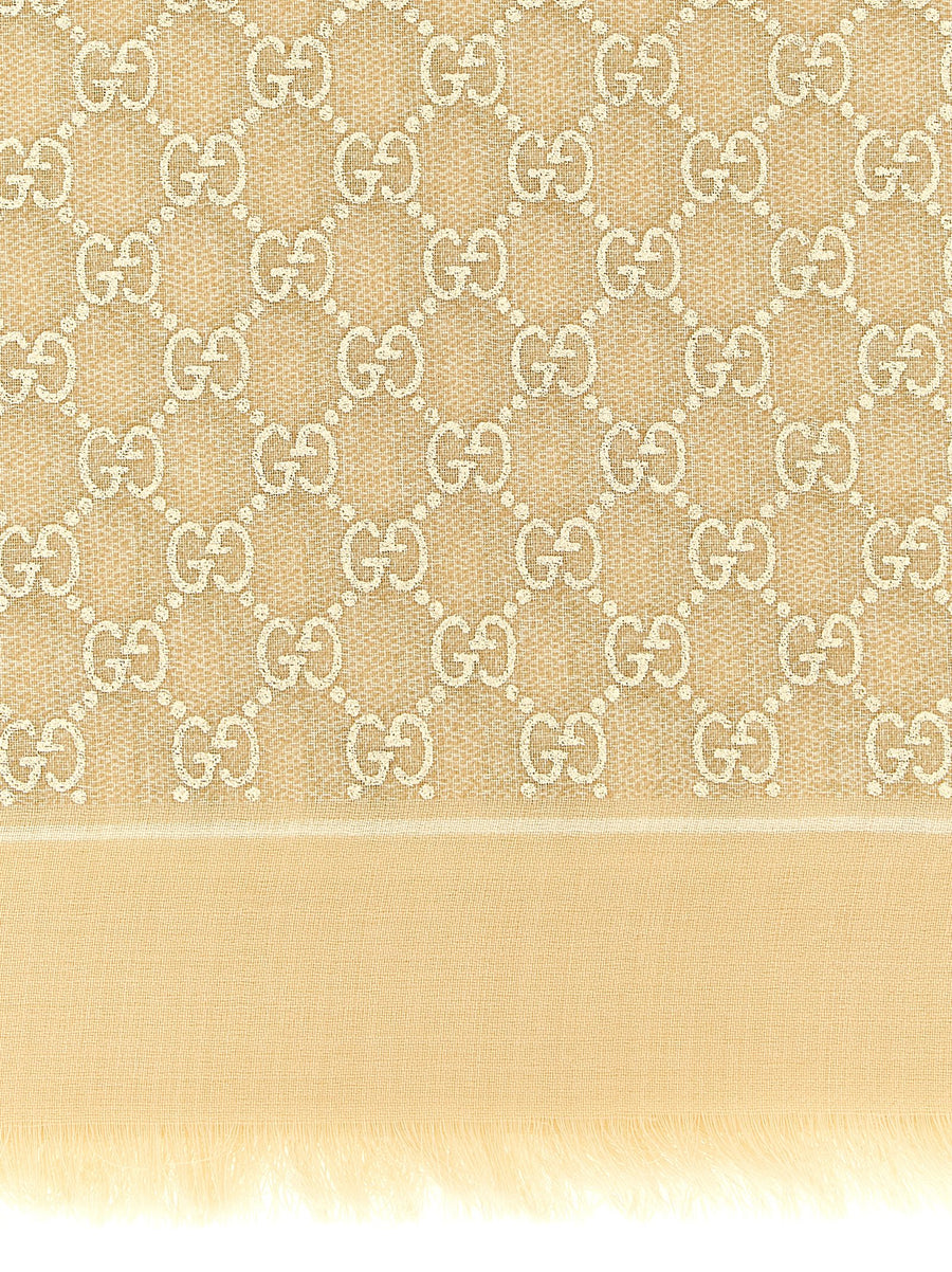 Gucci GG Lamé Wool Shawl With Fringed Edges Beige 140x140 cm