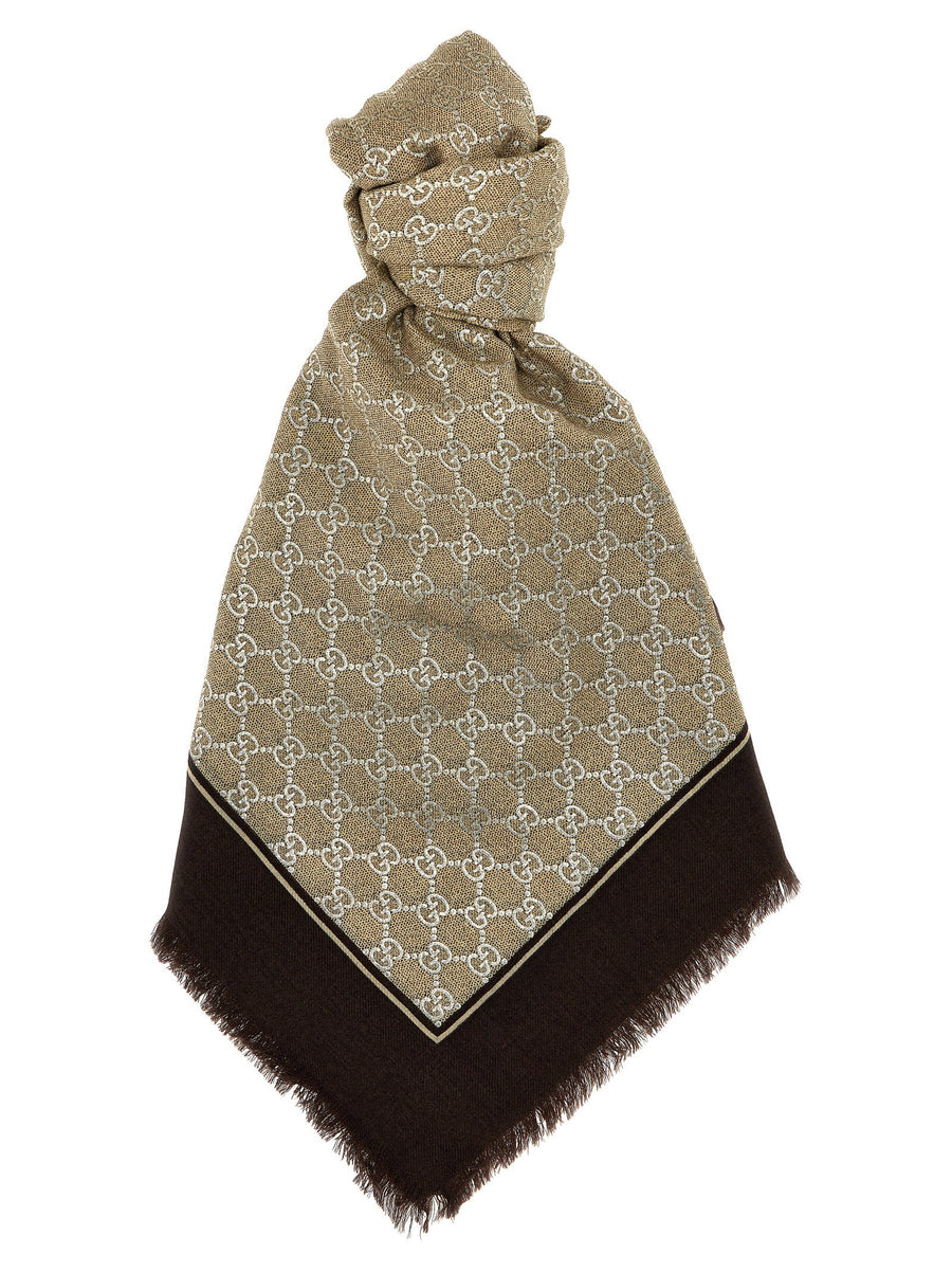Gucci GG Lamé Jacquard Wool Scarf Multicolor With Fringes For Women