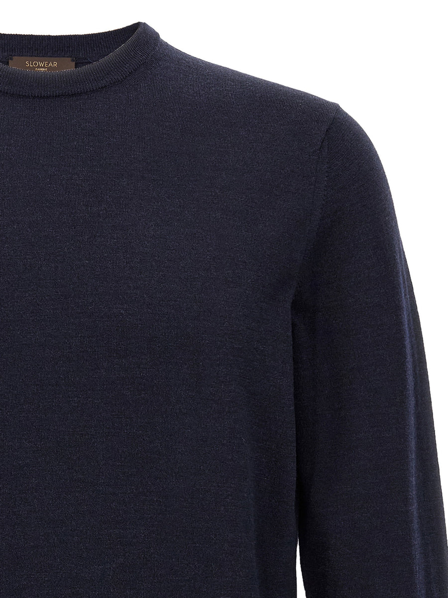 Zanone Flexwool Virgin Wool Blue Sweater With Crew Neck And Long Sleeves