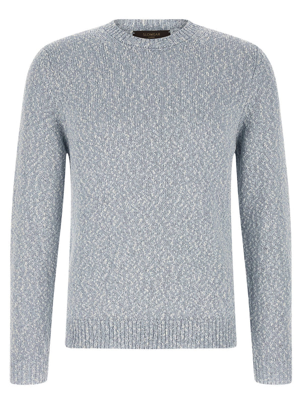 Zanone Two Tone Yarn Sweater For Women Premium 100 Percent Cotton Breathable Crew Neck Light Blue
