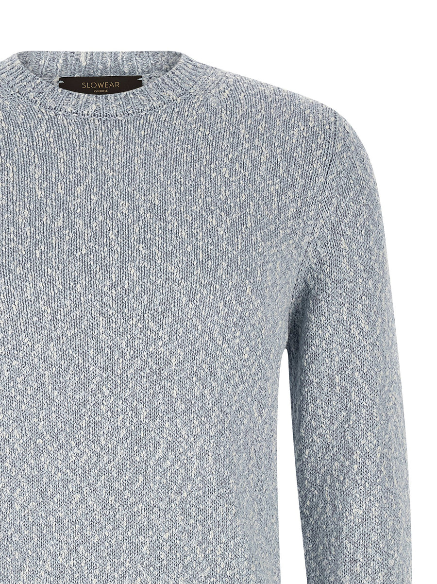 Zanone Two Tone Yarn Sweater For Women Premium 100 Percent Cotton Breathable Crew Neck Light Blue