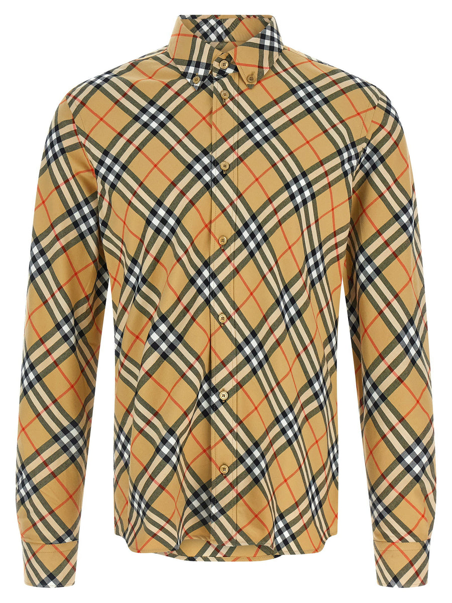 Burberry Roan Shirt For Men Beige Check 100 Percent Cotton Front Button Long Sleeve Luxury