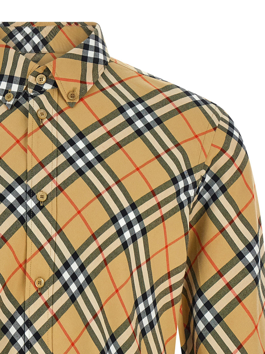 Burberry Roan Shirt For Men Beige Check 100 Percent Cotton Front Button Long Sleeve Luxury