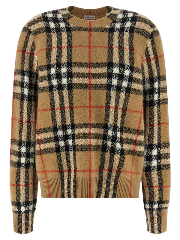 Burberry Constance Luxurious Cashmere Wool Double Face Knit Sweater For Women Beige Check Jacquard