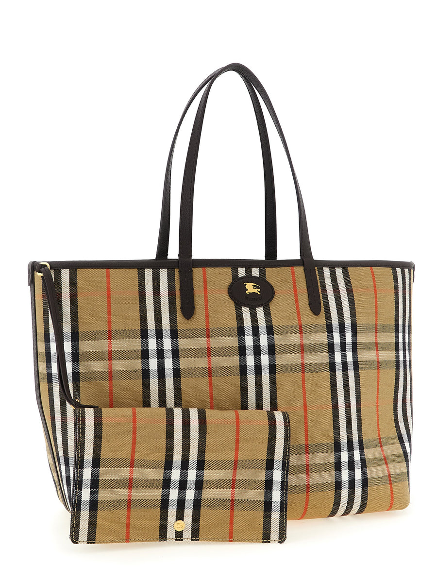 Burberry Reversible Bloomsbury Medium Shopper Bag Leather Exterior Or Burberry Check Fabric For Women