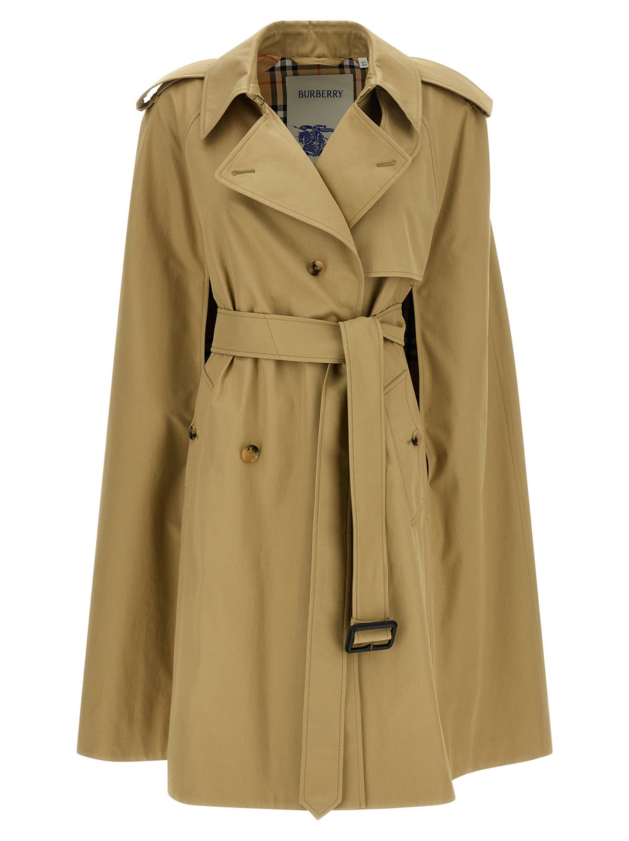 Burberry Bellemont Cape For Women Luxurious Beige Double Breasted Coat With Signature Check Lining