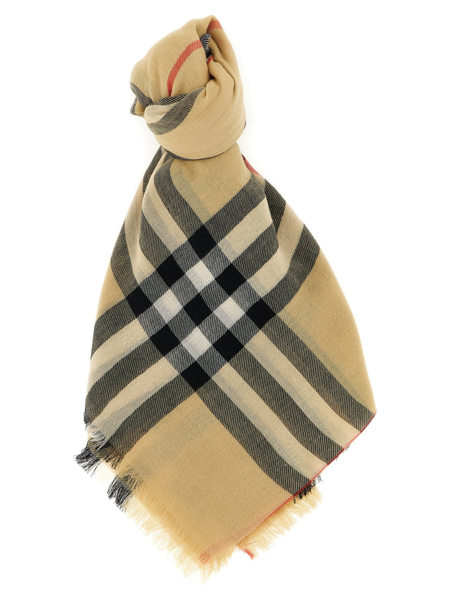 Burberry Check Wool Scarf For Women Iconic Burberry Pattern Fringed Edges Pure Wool Beige Lightweight