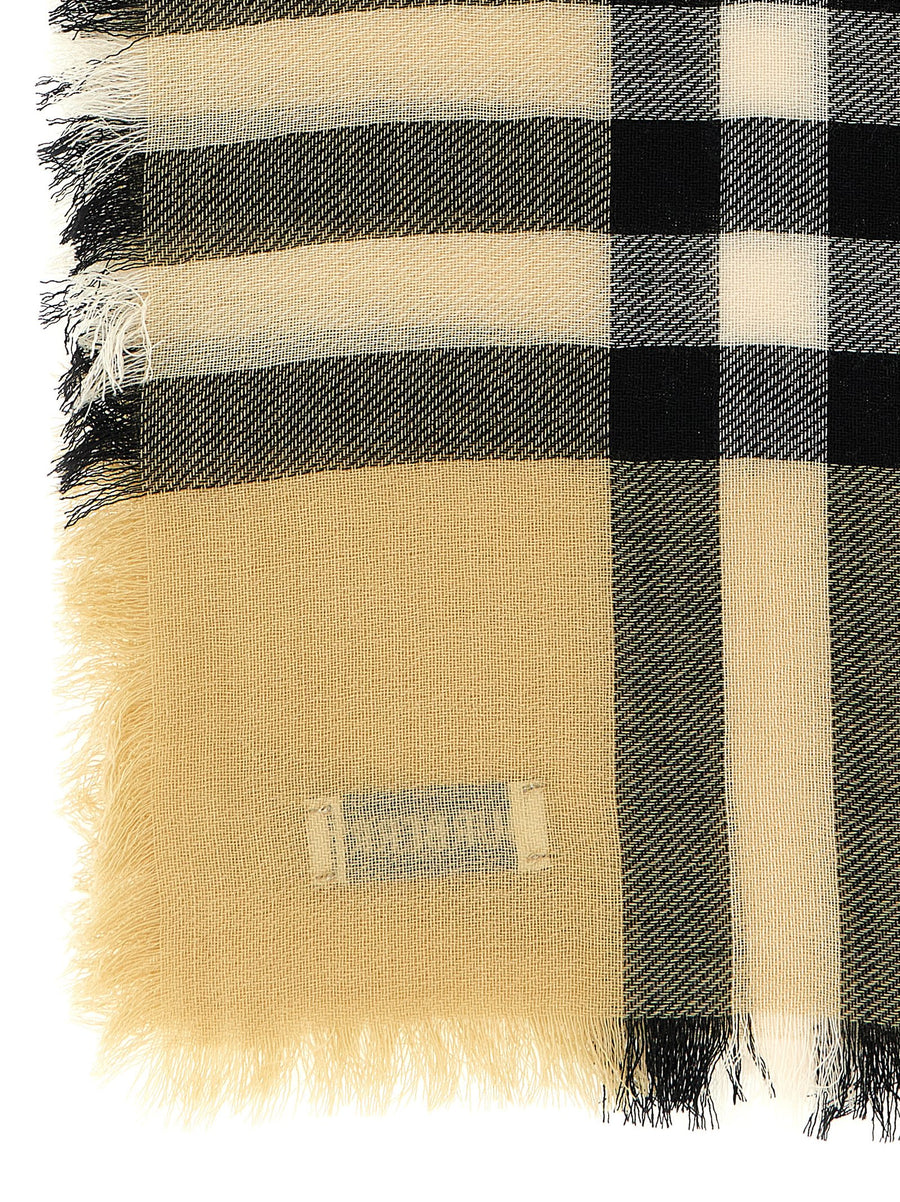 Burberry Check Wool Scarf For Women Iconic Burberry Pattern Fringed Edges Pure Wool Beige Lightweight