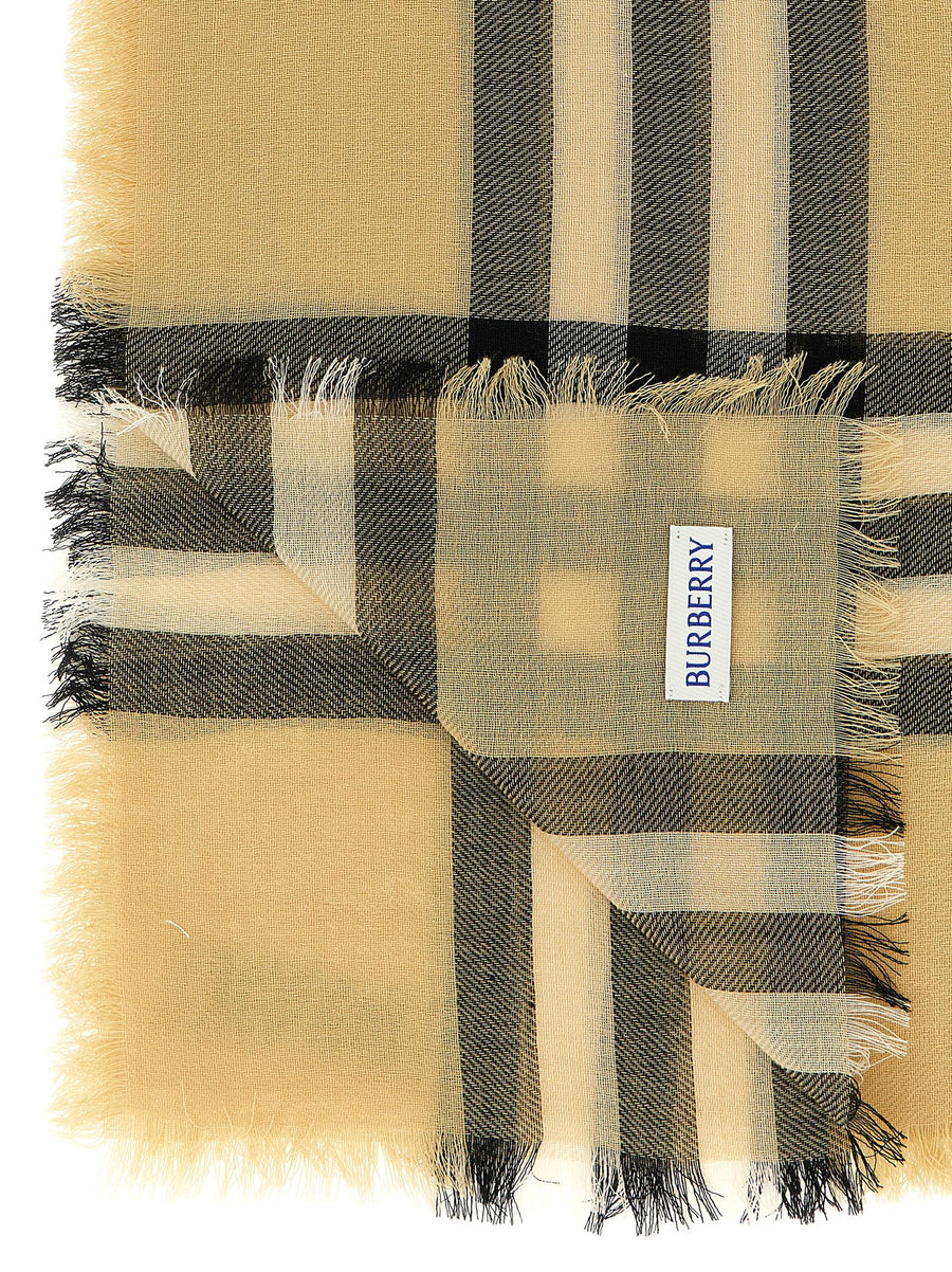 Burberry Check Wool Scarf For Women Iconic Burberry Pattern Fringed Edges Pure Wool Beige Lightweight