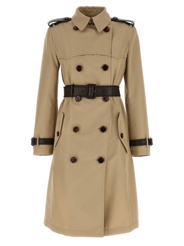 Burberry Foxfield Silk Cotton Trench Coat Beige Leather Details