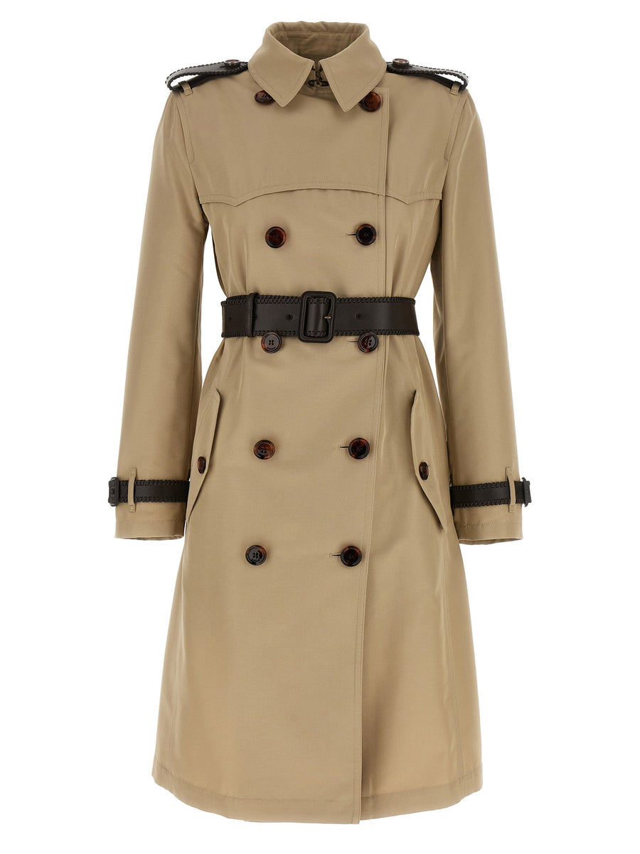 Burberry Foxfield Silk Cotton Trench Coat Beige Leather Details