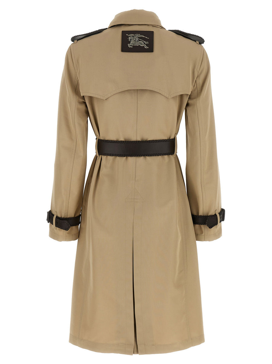 Burberry Foxfield Silk Cotton Trench Coat Beige Leather Details