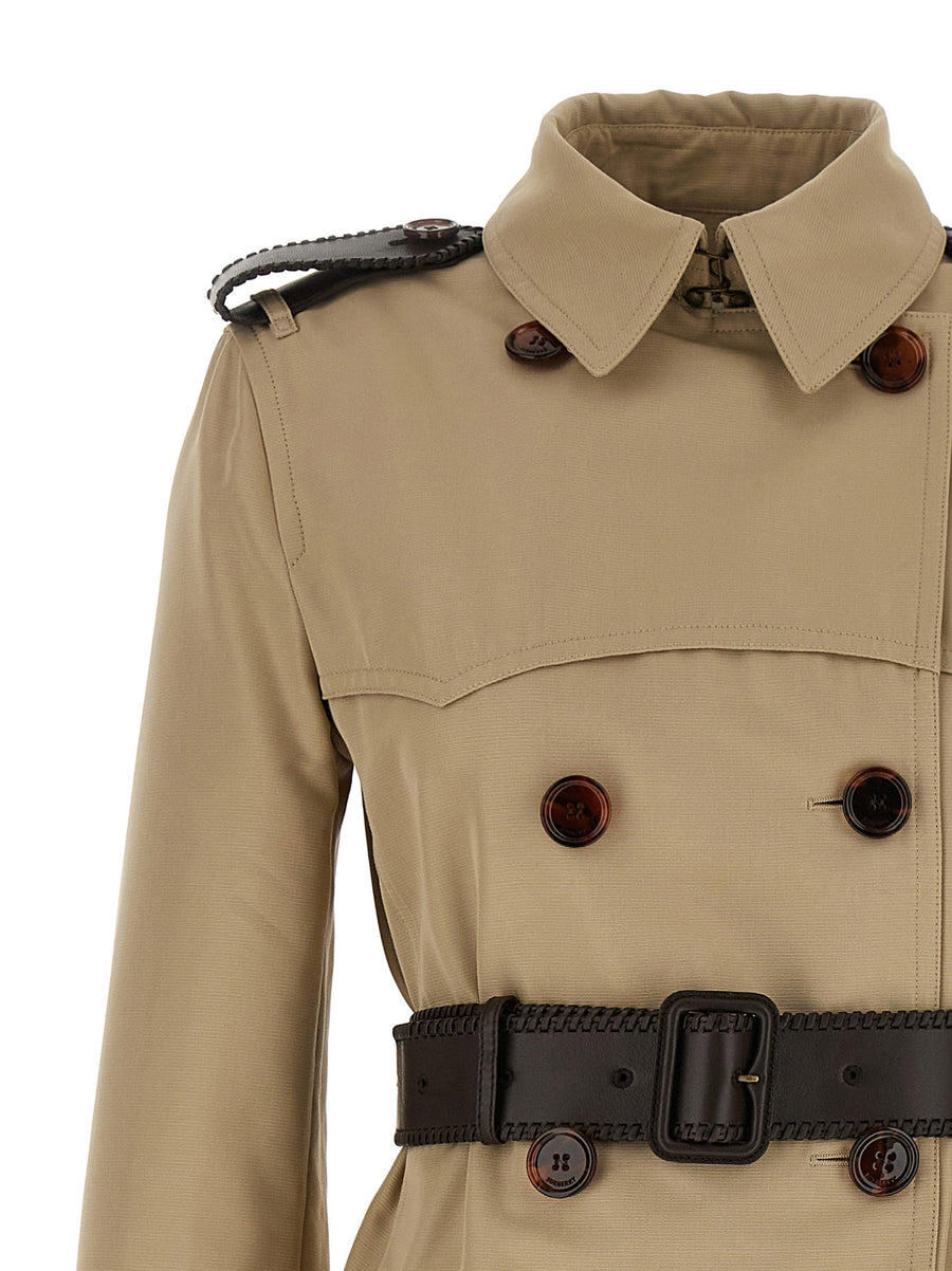 Burberry Foxfield Silk Cotton Trench Coat Beige Leather Details