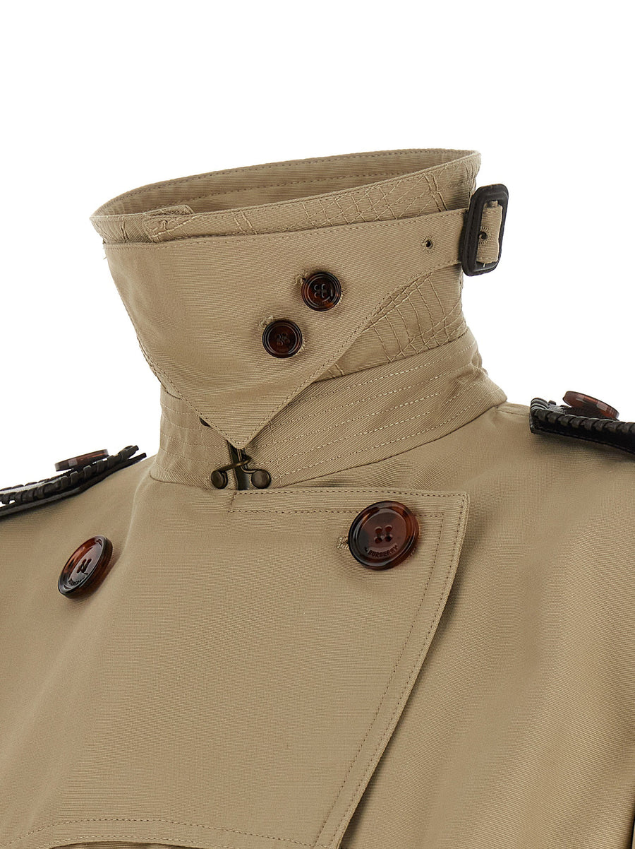 Burberry Foxfield Silk Cotton Trench Coat Beige Leather Details