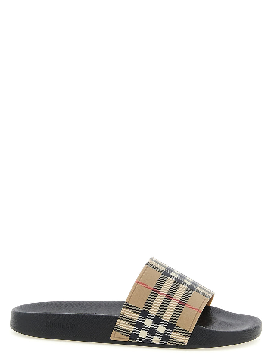 Burberry New Furley Slides For Men Beige Polyurethane Sandals Check Pattern