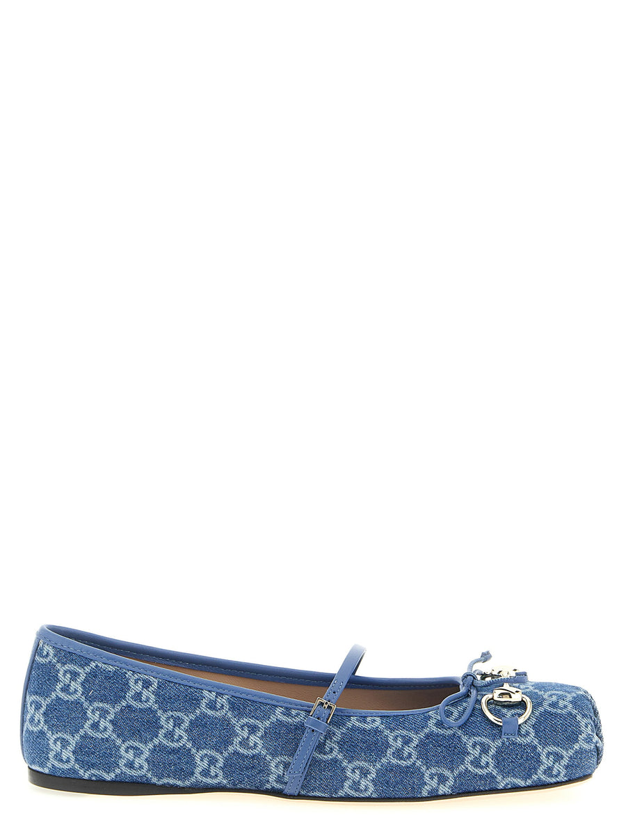 Gucci GG Denim Ballet Flats Blue With Bow And Adjustable Strap