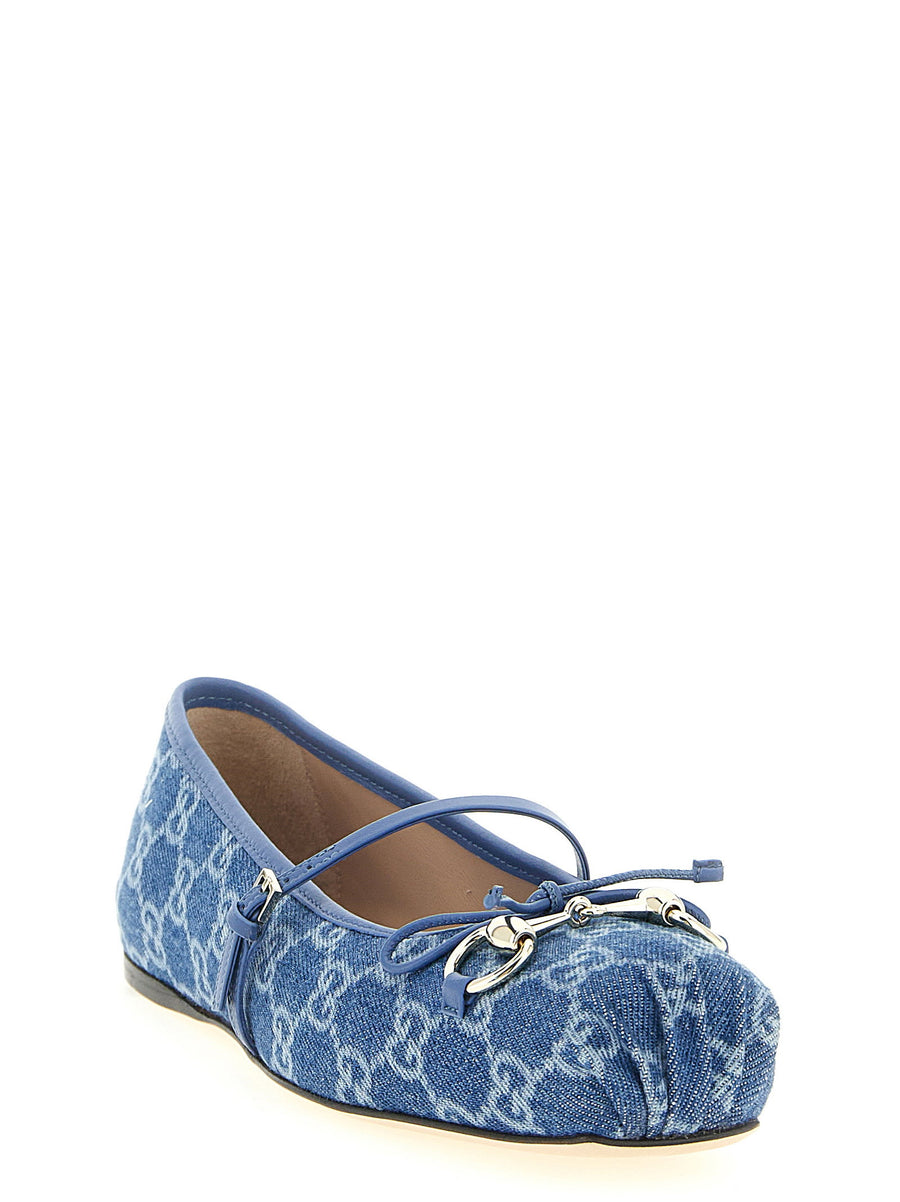 Gucci GG Denim Ballet Flats Blue With Bow And Adjustable Strap
