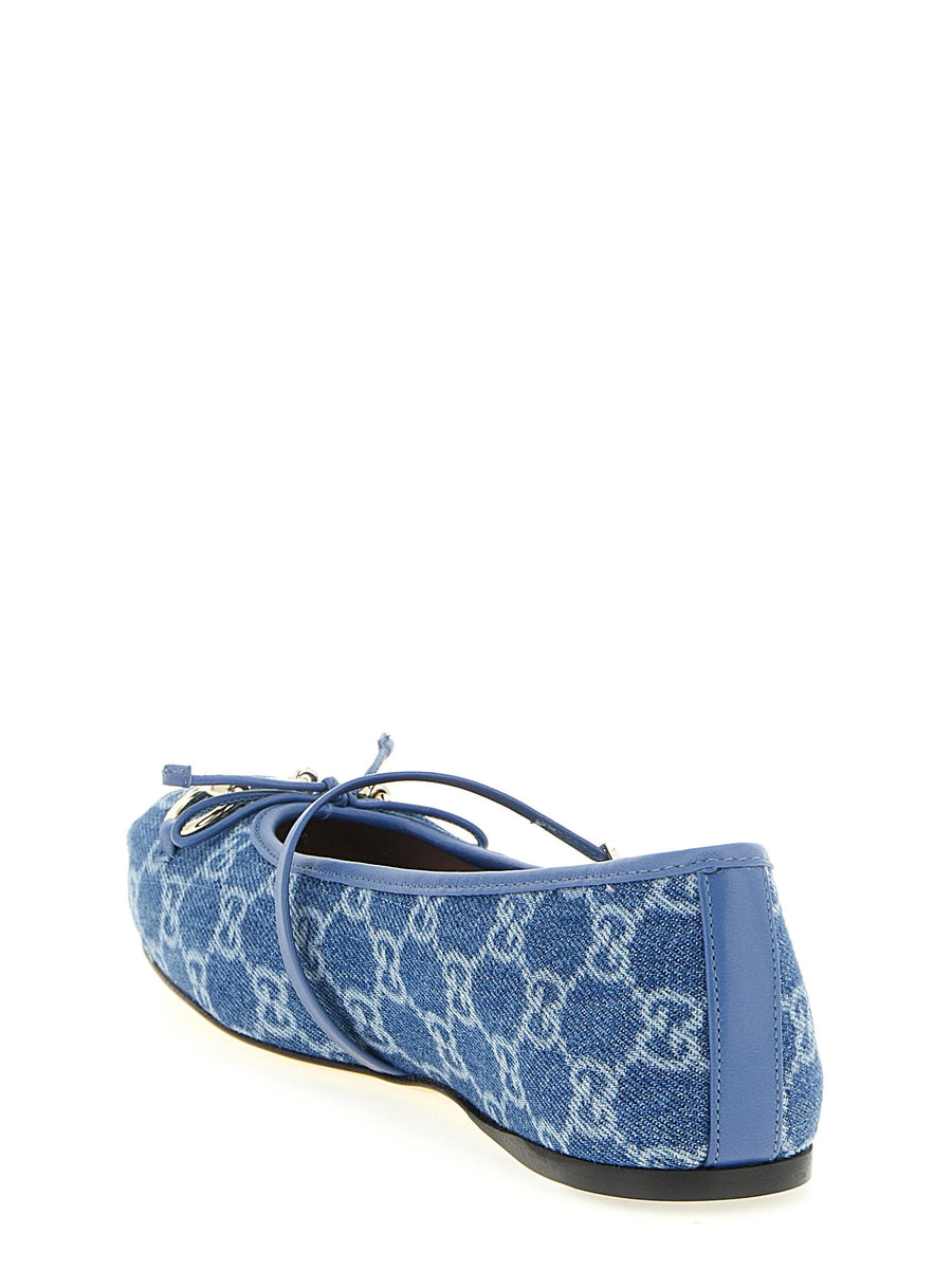 Gucci GG Denim Ballet Flats Blue With Bow And Adjustable Strap