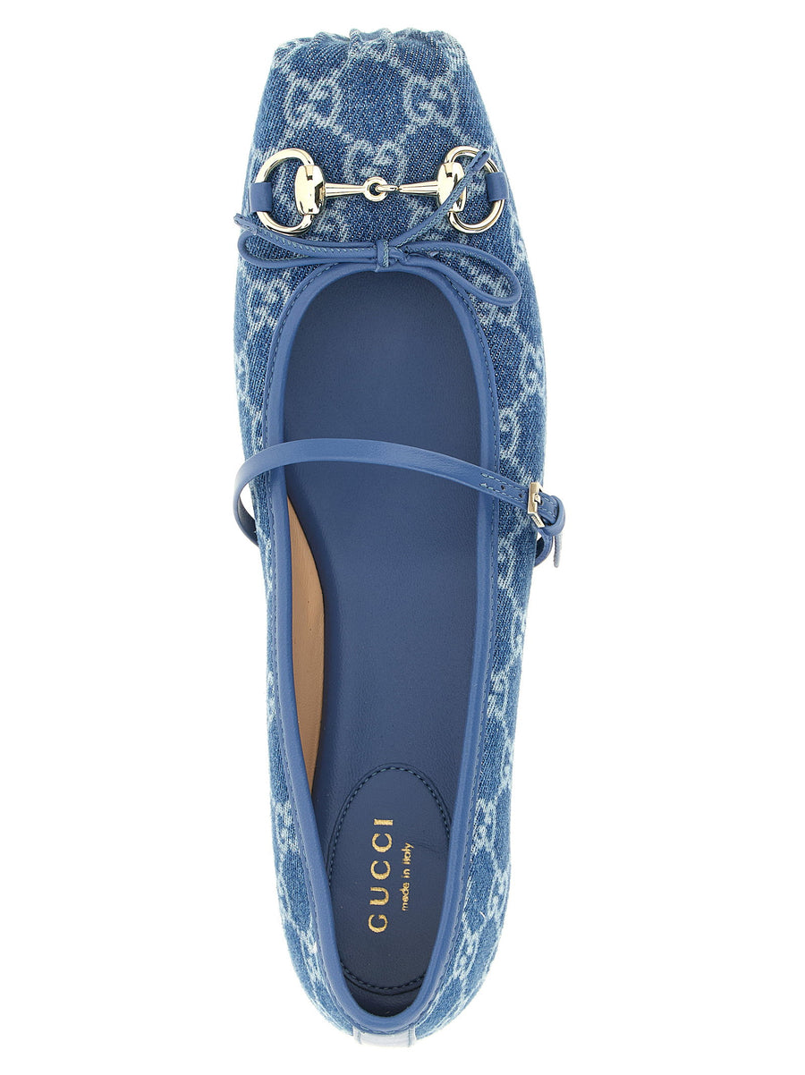 Gucci GG Denim Ballet Flats Blue With Bow And Adjustable Strap