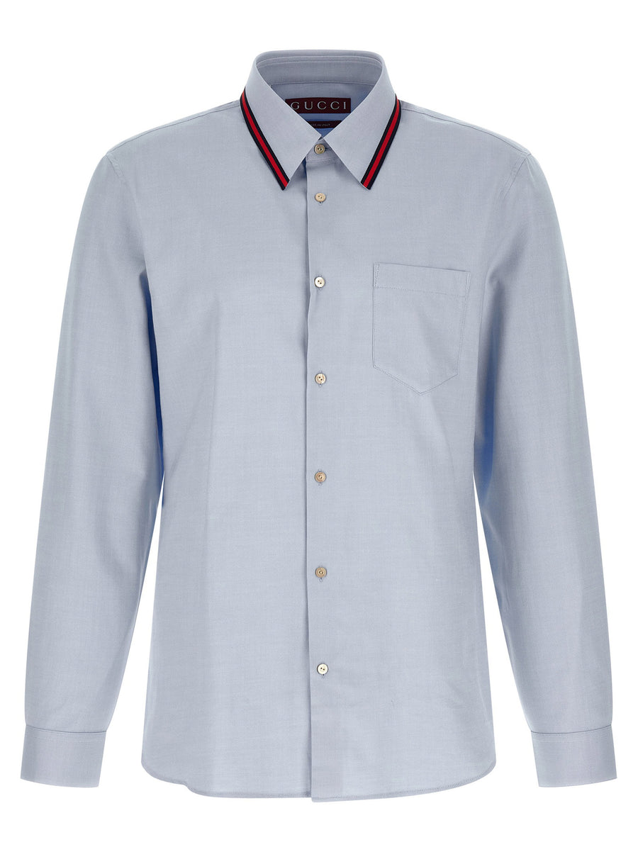 Gucci Light Blue Web Collar Oxford Cotton Shirt Mother Of Pearl Buttons