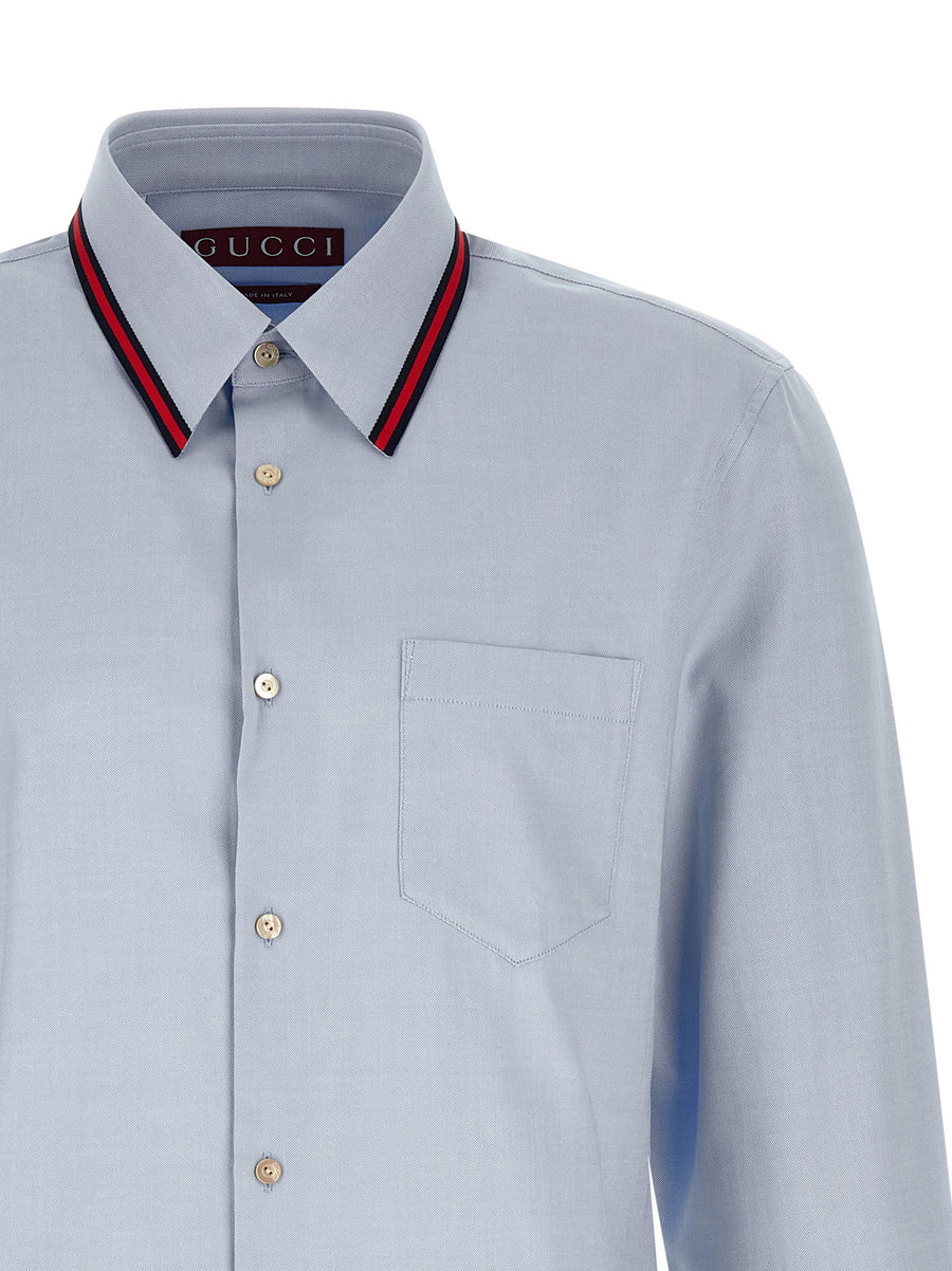 Gucci Light Blue Web Collar Oxford Cotton Shirt Mother Of Pearl Buttons