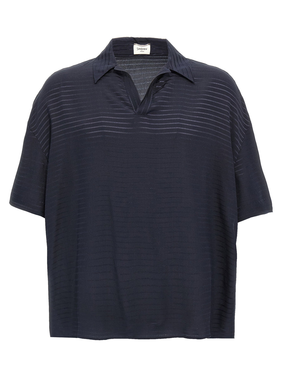 Saint Laurent Silk Polo Shirt For Men In Blue Stripes With Breathable 100 Percent Silk Smart Casual Luxury