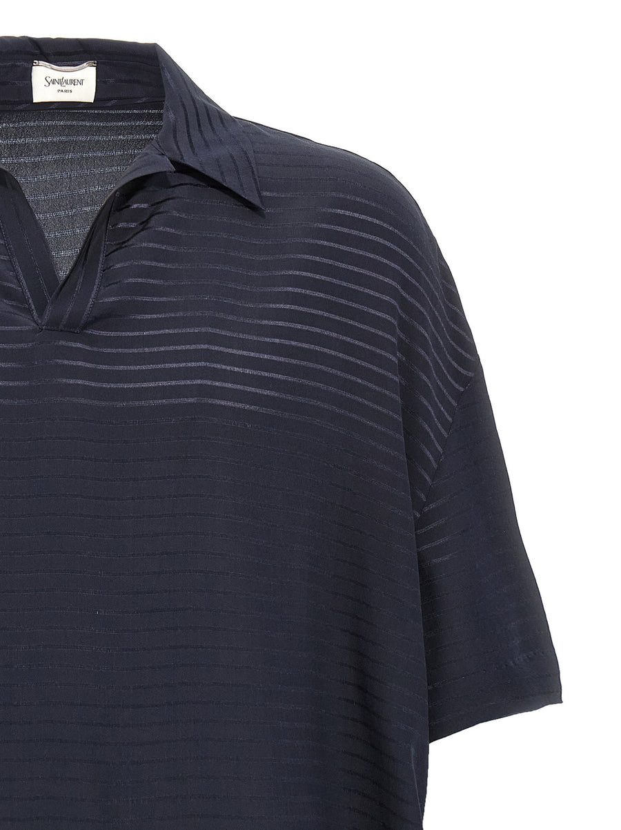 Saint Laurent Silk Polo Shirt For Men In Blue Stripes With Breathable 100 Percent Silk Smart Casual Luxury