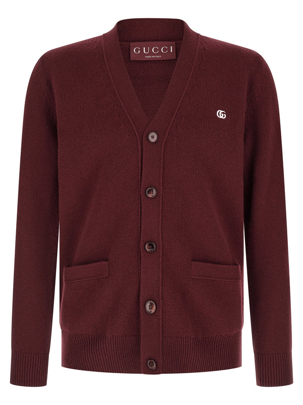 Gucci Doppia G Cashmere Sweater Bordeaux Embroidered Logo Front Button Closure For Men