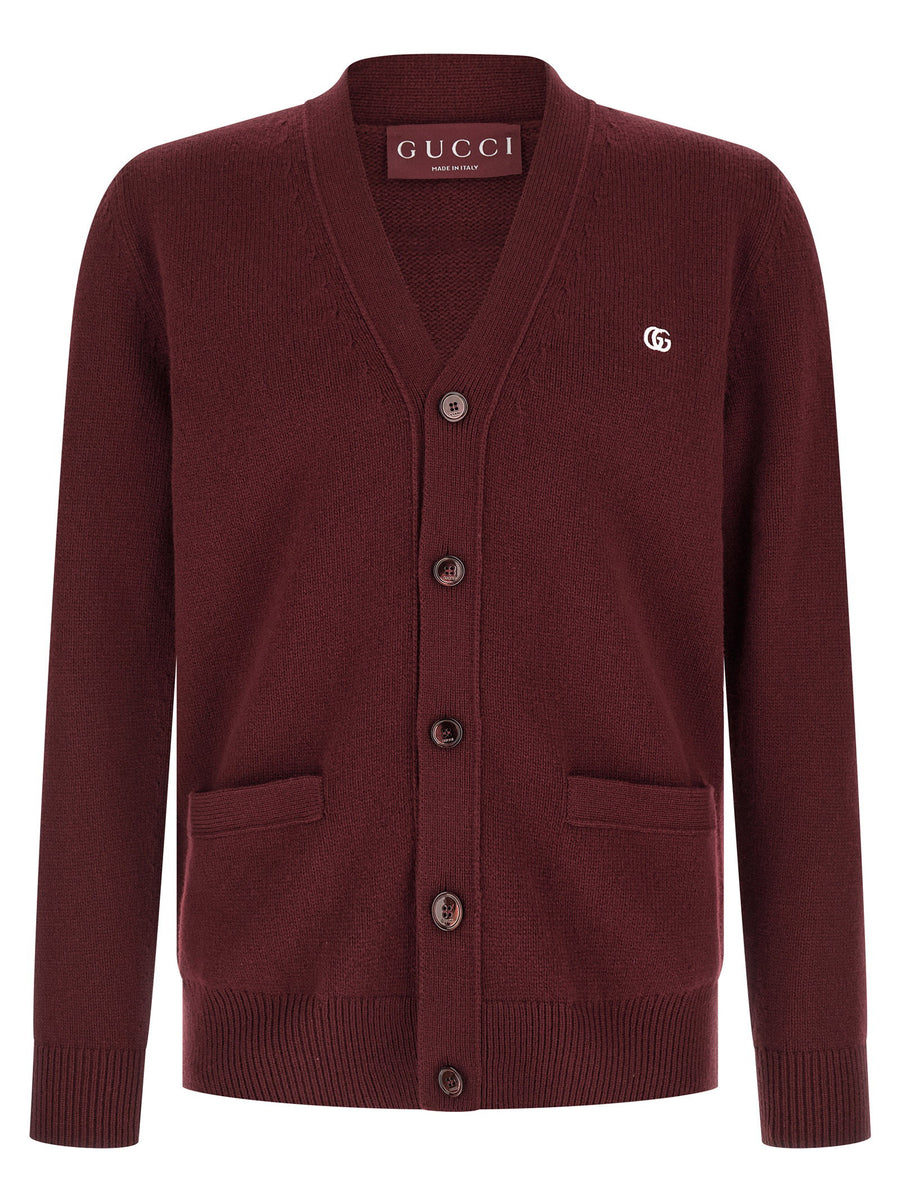 Gucci Doppia G Cashmere Sweater Bordeaux Embroidered Logo Front Button Closure For Men