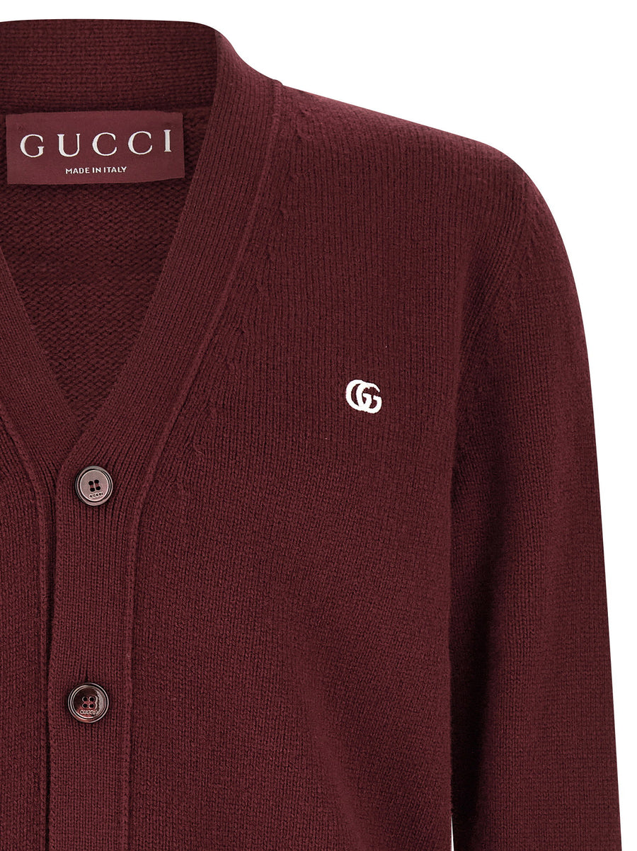 Gucci Doppia G Cashmere Sweater Bordeaux Embroidered Logo Front Button Closure For Men