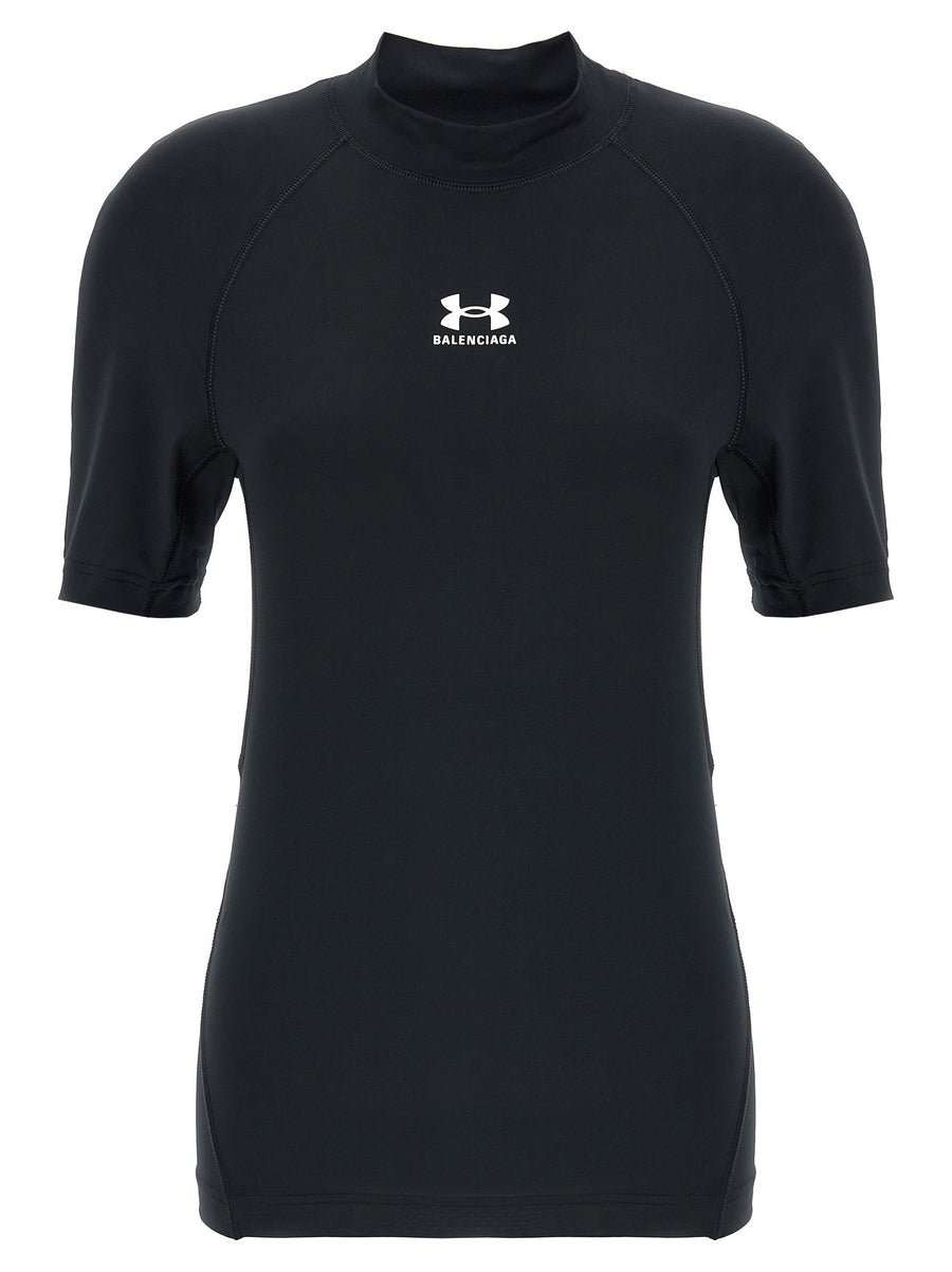 Balenciaga X Under Armour Women's Lightweight Stretch T-Shirt With Front Back Logo Mock Collar