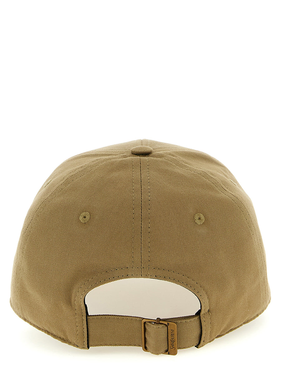 Saint Laurent College Cap For Men In Green Cotton Gabardine With Contrast Patch Detail