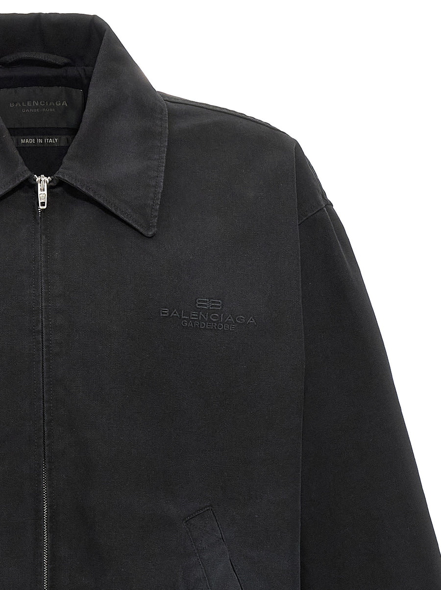 Balenciaga Bb Garderobe Jacket For Men Black Cotton Canvas With Zip Closure And Tonal Embroidery Comfort Fit Minimalist