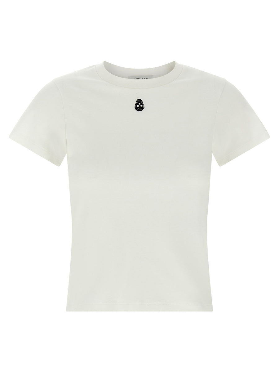 Alexander McQueen Skull Embroidered White Cotton T Shirt for Women Luxury Statement Topwear