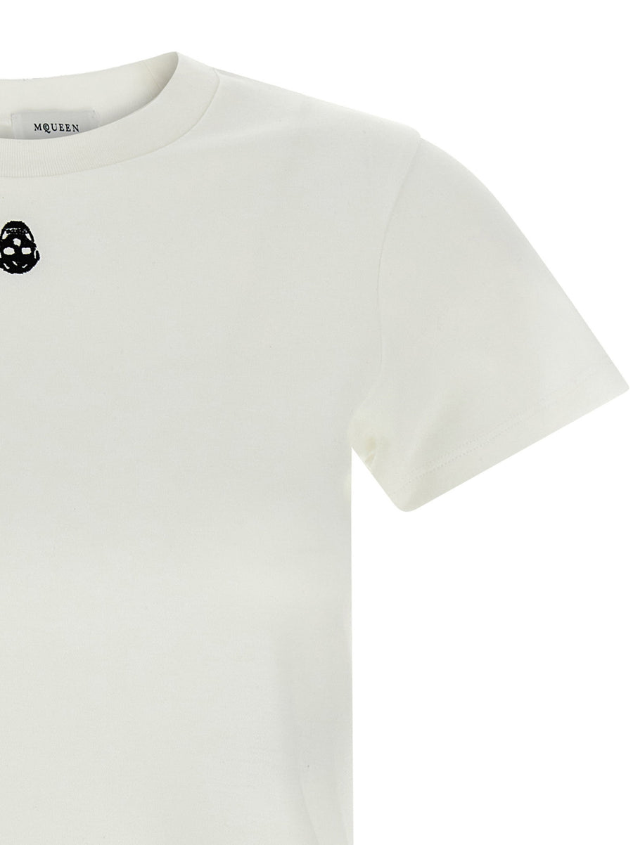Alexander McQueen Skull Embroidered White Cotton T Shirt for Women Luxury Statement Topwear
