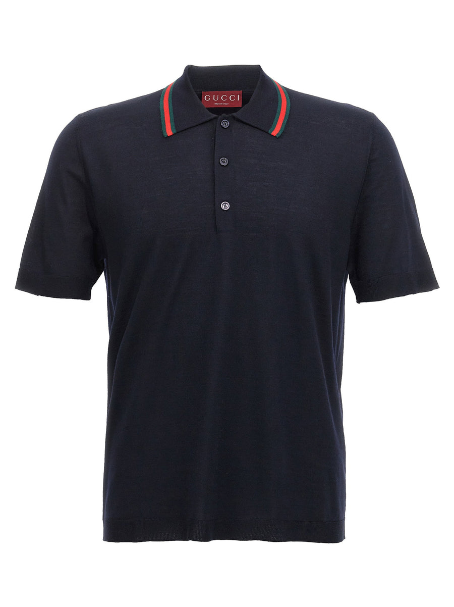 Gucci Blue Wool Polo Shirt With Web Ribbon Collar Detail