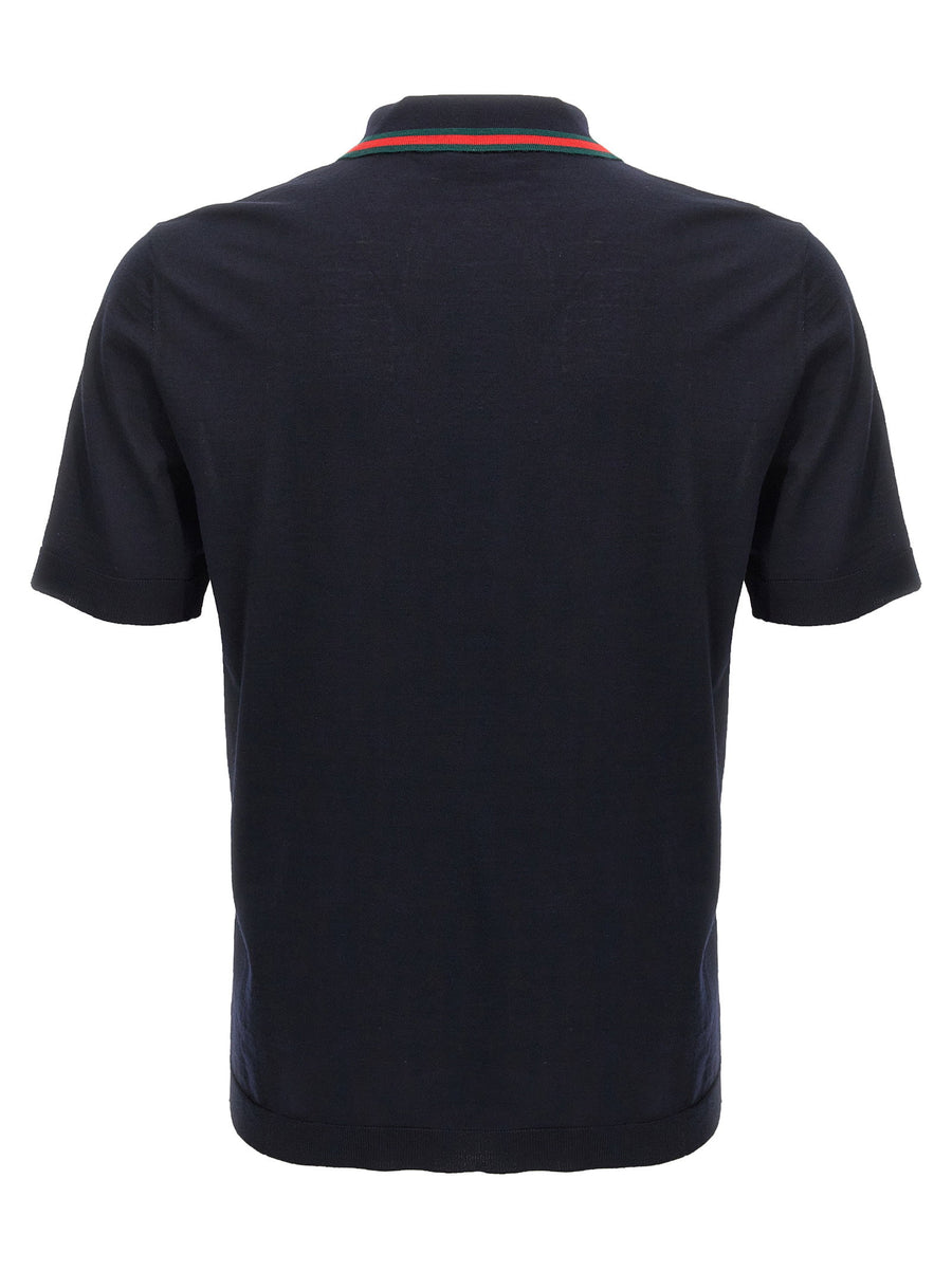 Gucci Blue Wool Polo Shirt With Web Ribbon Collar Detail