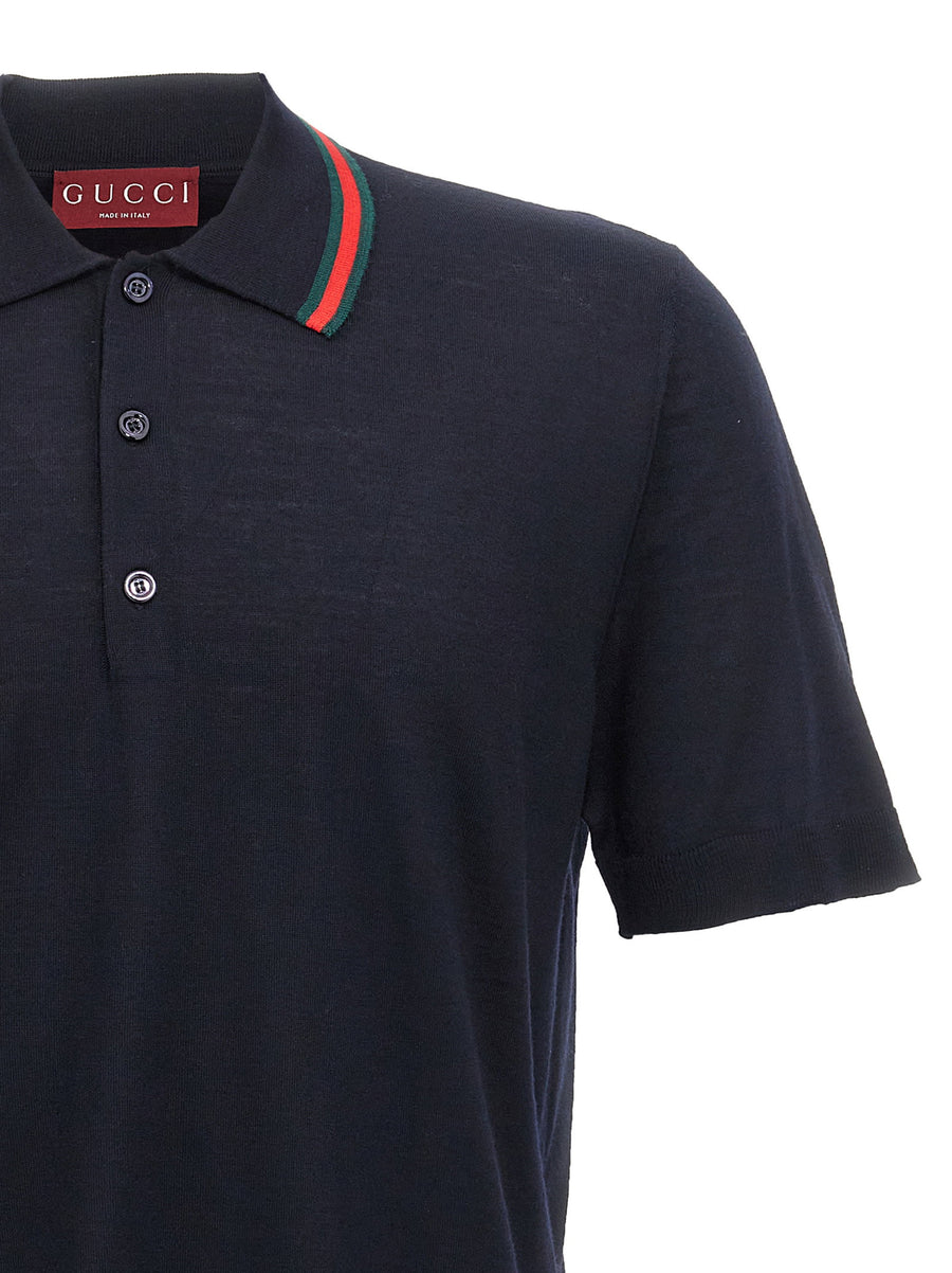Gucci Blue Wool Polo Shirt With Web Ribbon Collar Detail