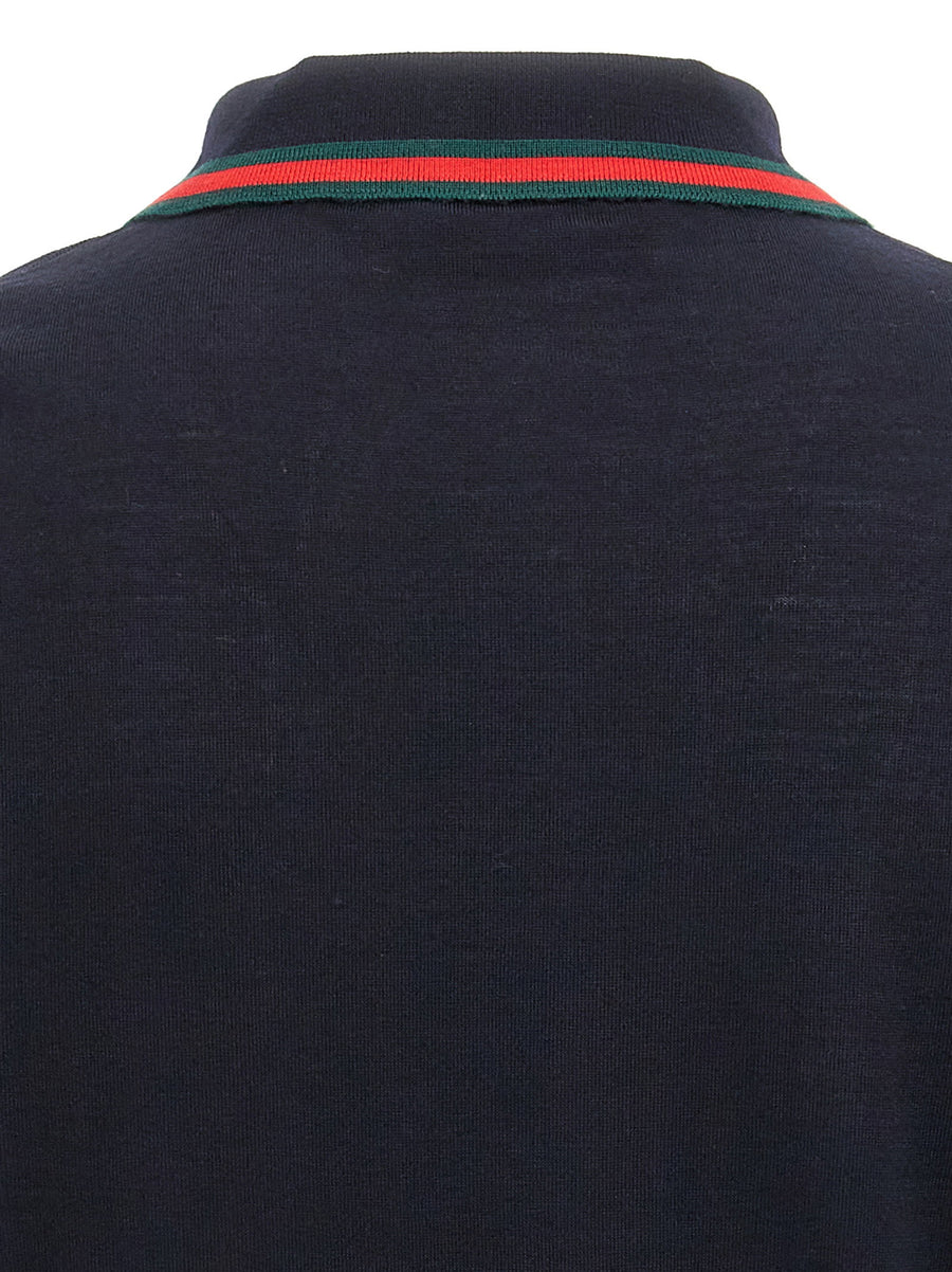 Gucci Blue Wool Polo Shirt With Web Ribbon Collar Detail