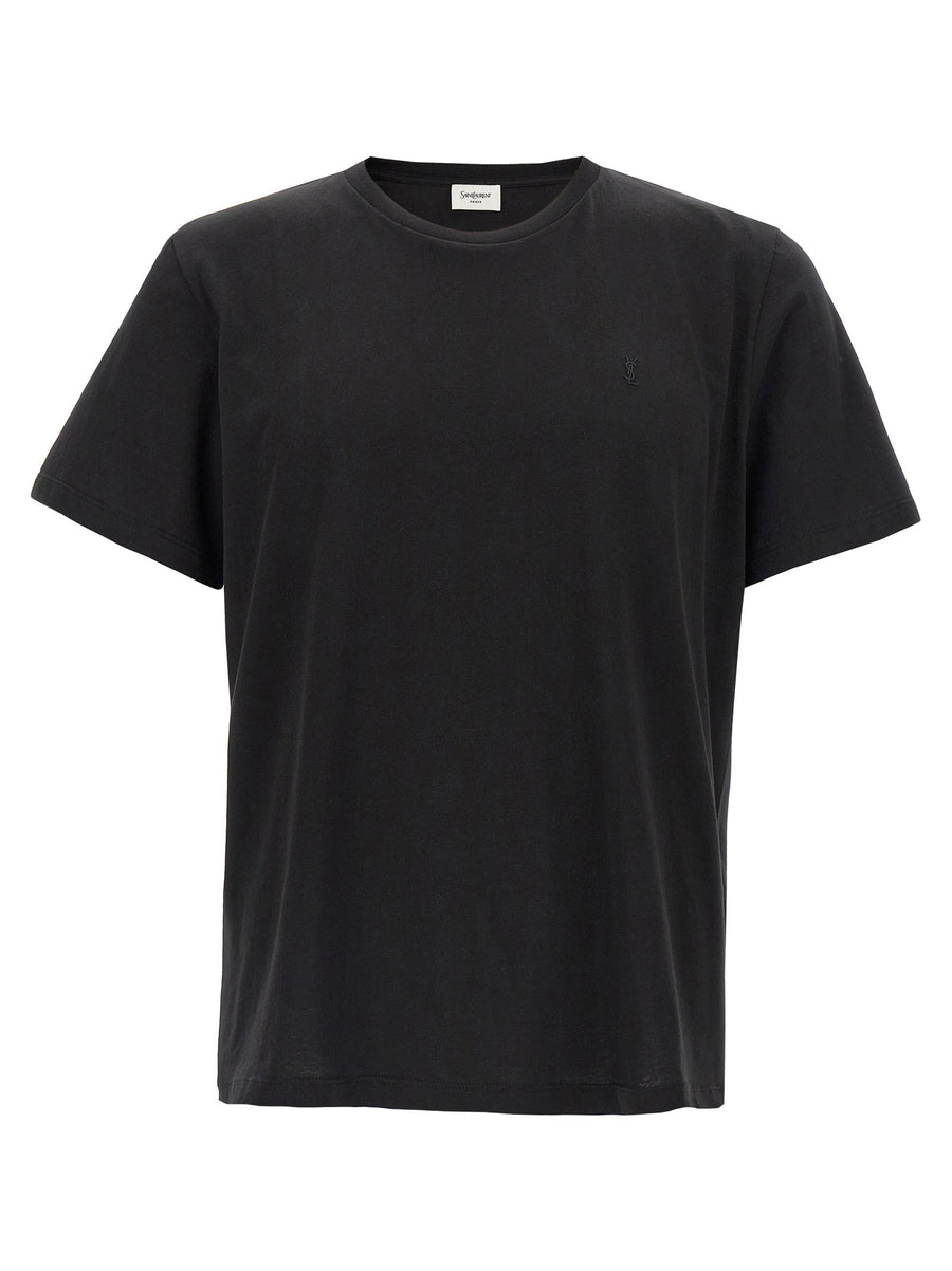 Saint Laurent Cassandre Embroidered Cotton T Shirt Black