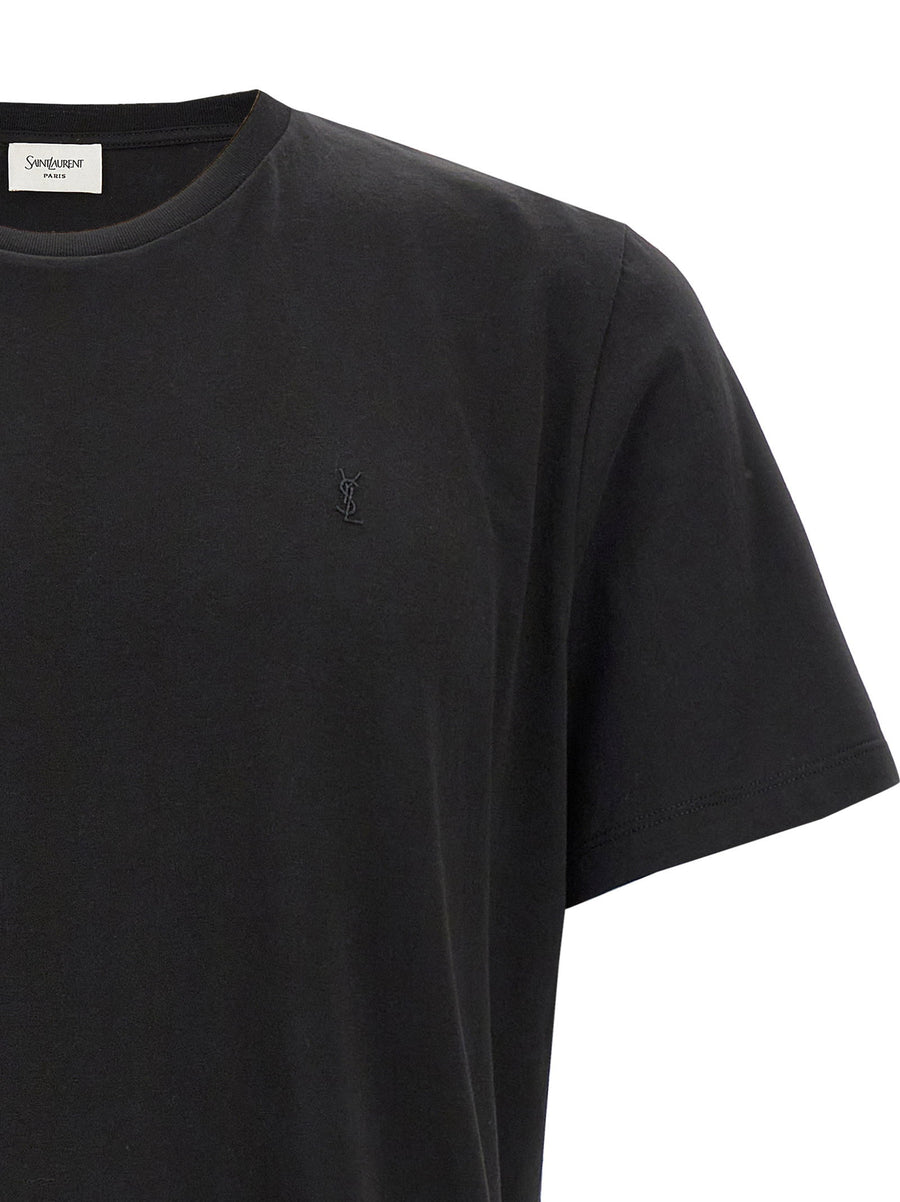 Saint Laurent Cassandre Embroidered Cotton T Shirt Black