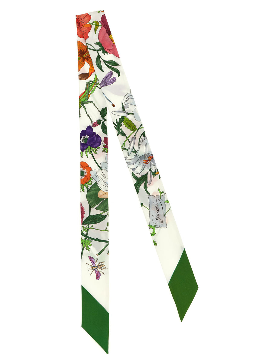 Gucci Flora Silk Twill Scarf Green Floral Print 120cm Long