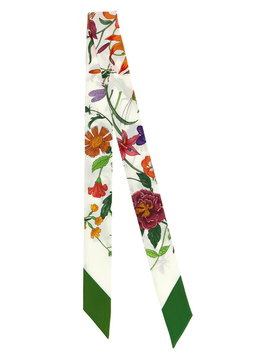 Gucci Flora Silk Twill Scarf Green Floral Print 120cm Long