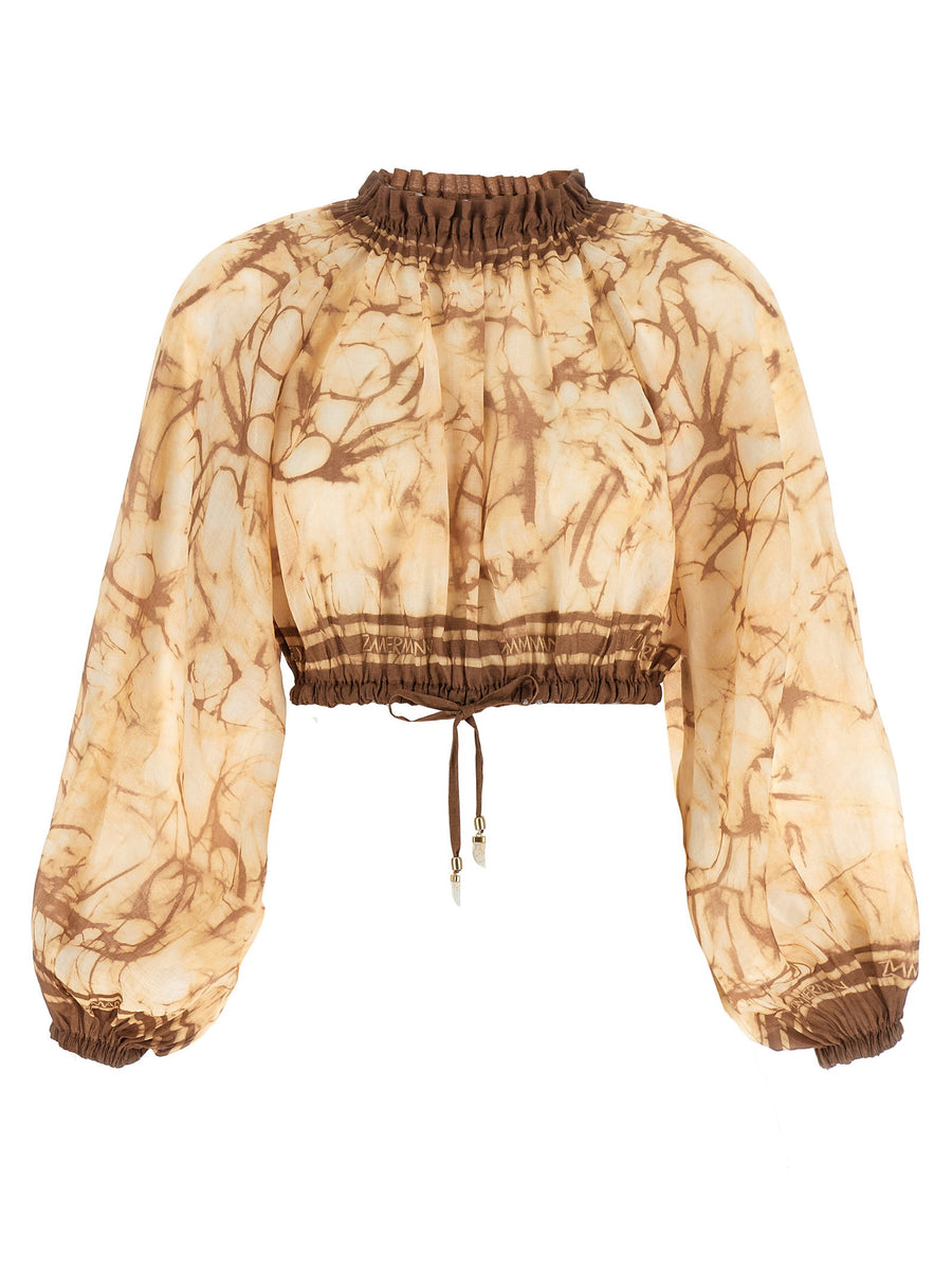 Zimmermann Indra Tie Dye Ramie Crop Top For Women With Elastic High Neck And Puff Sleeves
